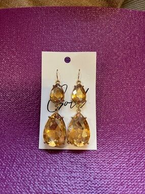 Gold Amber Teardrop Crystal Dangle Earrings